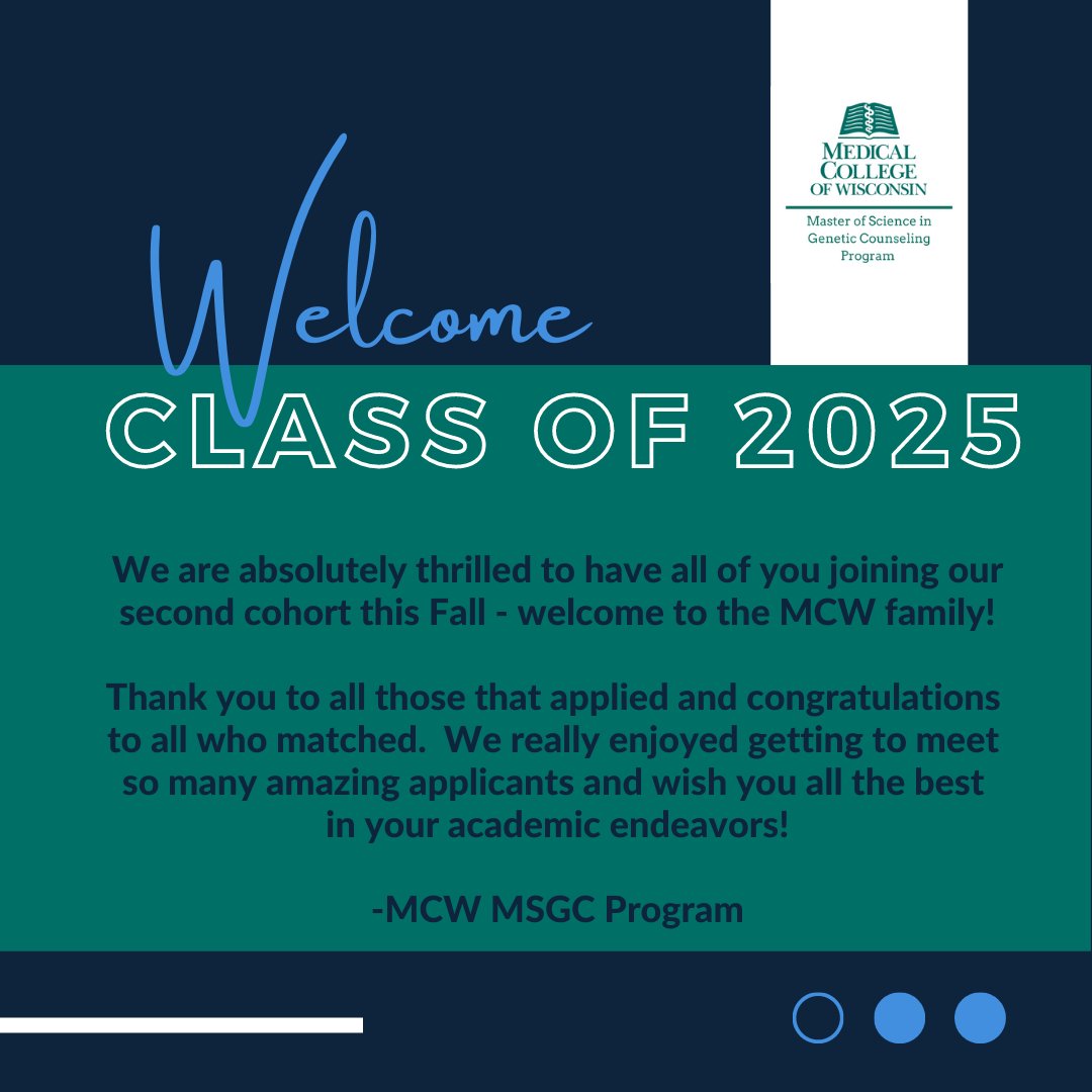 MCWmsgc's tweet photo. Today is National Match Day for potential Masters in Genetic Counseling students nationwide... please welcome in the class of 2025!!
#GeneChat #GCHopeful 

#ProspectiveGC @MedicalCollege 
@MCW_IHE https://t.co/Gr856QNJxQ
