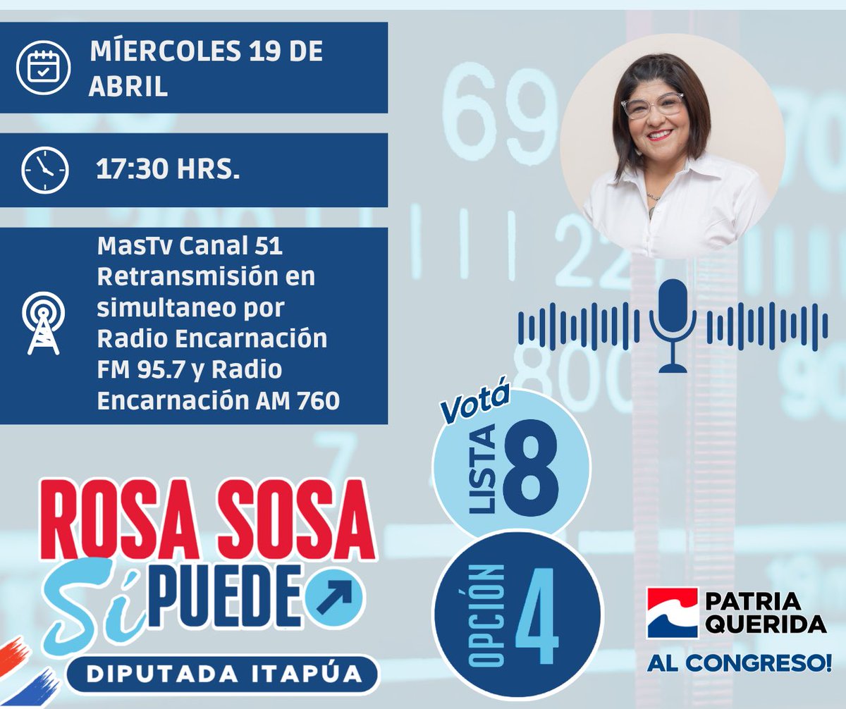 rosasosal8's tweet photo. Conocé más del proyecto que #SíPuede representarte como vos merecés. 

Soy Rosa Sosa y te espero en 

 📺 MasTv Canal 52 
🎙️ Radio Encarnación 
📻FM 95.7 📻 AM 760
⏰ 5:30 PM https://t.co/1XmWwEX4wt