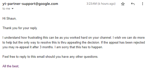hutchinson's tweet photo. Day 4 of trying to remedy the situation. I ran it up the flagpole as high as I can get it and I received this follow up today. TLDR: "Still baned, not telling you why, you can appeal again in 3 months, your connections won't help you, also you can never appeal again." https://t.co/f2hPEruDgW