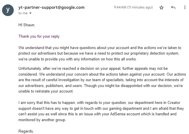hutchinson's tweet photo. Day 4 of trying to remedy the situation. I ran it up the flagpole as high as I can get it and I received this follow up today. TLDR: "Still baned, not telling you why, you can appeal again in 3 months, your connections won't help you, also you can never appeal again." https://t.co/f2hPEruDgW