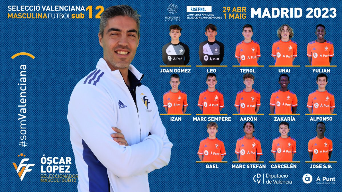 | SELECCIÓ |

💪🏽 Estos 14 guerreros representarán a la Selecció Valenciana masculina sub12 de futbol en el Campeonato de España #Madrid2023 🤩

📎 ffcv.es/wp/blog/2023/0…

#somvalenciana🔹🔸❤️