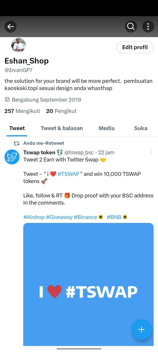 IrvanGP7's tweet photo. @tswap_bsc 0x20BFa3Ff27ec384f134a4C75Bb73Cec233Ee6137 https://t.co/cddHRu4th3