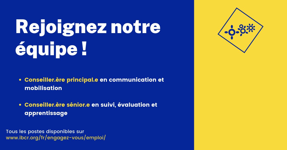 🧐 ON RECRUTE | Plusieurs offres d'emploi disponibles

📢 Nous sommes à la recherche d’un[e] Conseiller[ère] sénior[e] en suivi, évaluation et apprentissage et d’un[e] Conseiller[ère] principal[e] en communication et mobilisation.

Pour plus de détails▶️ ibcr.org/fr/engagez-vou…