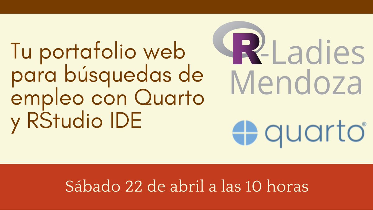 🎉Nuevo meetup
💻Taller de #quarto para armar tu portfolio web de proyectos 👩🏾‍💻👩🏽‍💼 
Más info en ➡️
meetup.com/rladies-mendoz…
#rstats #rladies #rladieslatam
