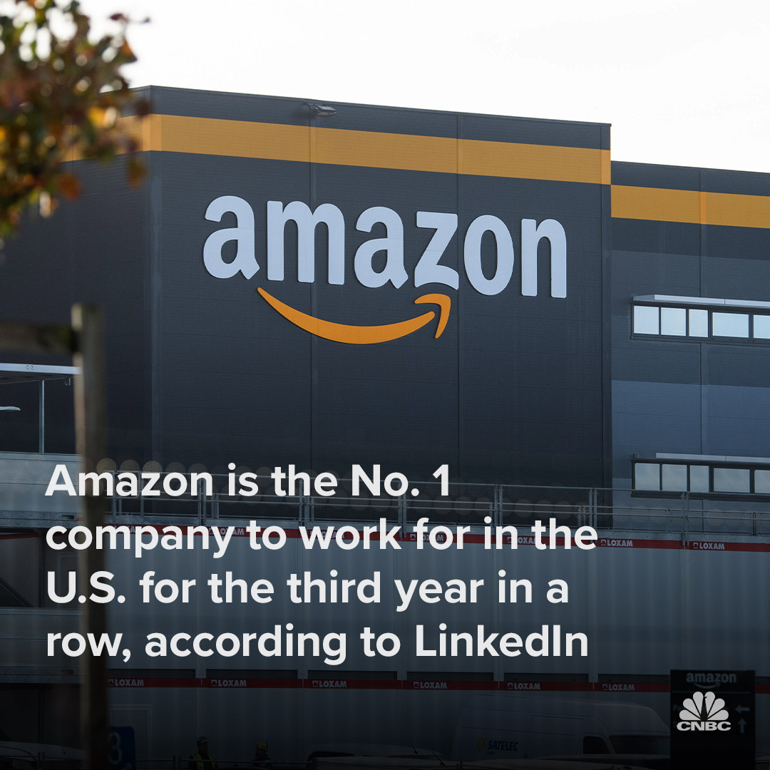 CNBC's tweet photo. For the third year in a row, Amazon has claimed the top spot on LinkedIn's annual Top Companies list. (via @CNBCMakeIt) https://t.co/2t0rd4JWs5 https://t.co/36Z3aXrQQ7