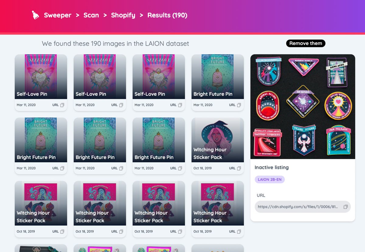 Fellow artists who sell online, I highly recommend checking to see how much of your art has been scraped for AI datasets 🫠 I just scanned my online store and it was a not-insignificant amount. It's highly annoying to have to deal with this but it costs nothing to check at least!