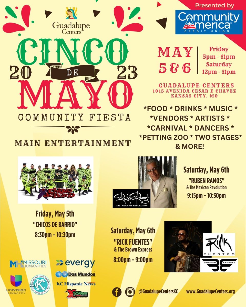 2mun2news's tweet photo. CINCO DE MAYO

¡Prepárate para disfrutar de música, comida, entretenimiento y mucho más! @GCI1919 

#CincodeMayo #KansasCity #KansascityMissouri
#Missouri #freeevent #eventofamiliar #communityamerica #creditunion #fiestaparalacomunidad #guadalupecenters https://t.co/l2kp9YG2qx