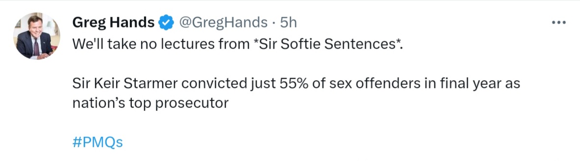 QuondamOptimist's tweet photo. Pitiful. How fitting that a moral inadequate like #GregHands (who fixed a #Covid #PPE contract for a friend) should be the current #Conservative Chair. Name-calling is at the lowest reach of politics, as #GrubbyGreg should know. Or is he #DirtyHands? Or perhaps #HandsInTheTill? https://t.co/g5KWaSRUvC