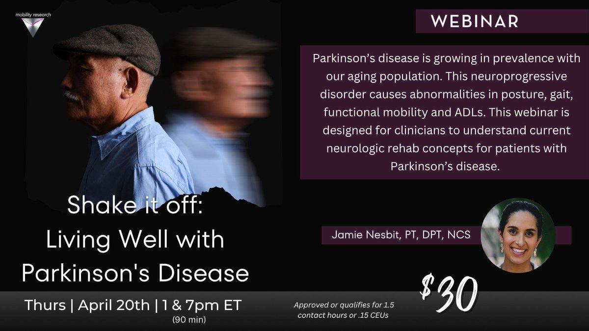 📌April 20th @ 1 or 7 pm ET, This course will consist of clinical applications for therapeutic intervention and outcomes, video presentation and case studies
Register hubs.ly/Q01LZVbL0
#webinar  #parkinsonsawareness #physicaltherapy  #neurorehab #continuingeducationunits