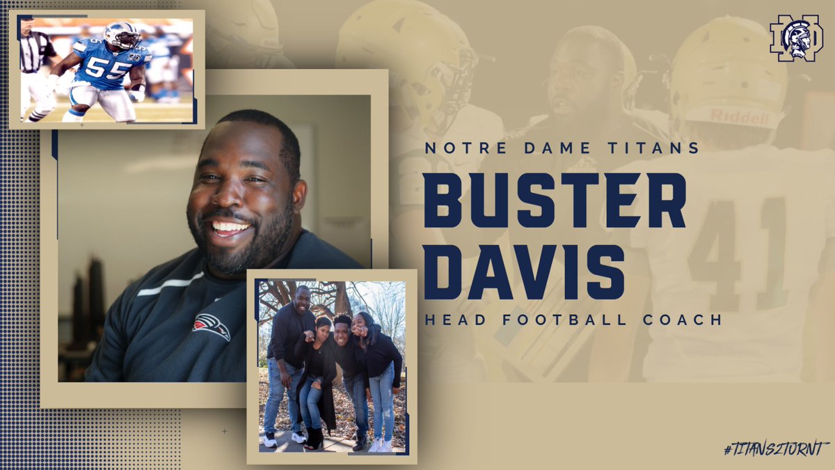 GoNDTitans's tweet photo. We would like to welcome our new Head Football Coach @busterdavis7 and his family to Notre Dame. He has over 13 years of coaching experience in both High School and College. He enjoyed a successful career as a player and was a 3rd Round NFL draft pick after playing @FSUFootball https://t.co/0GR4jmB9WR