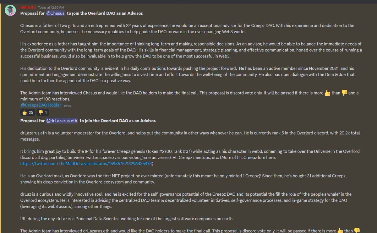 Let's get the <a href="/Creepz_DAO/">CreepzDAO</a> moving. 

Please head over to the Discord and vote for <a href="/TheMadDrLazarus/">drLaz 🕯️</a> &amp; myself as advisors. 

Thank you ahead of time from the both of us. 🦎