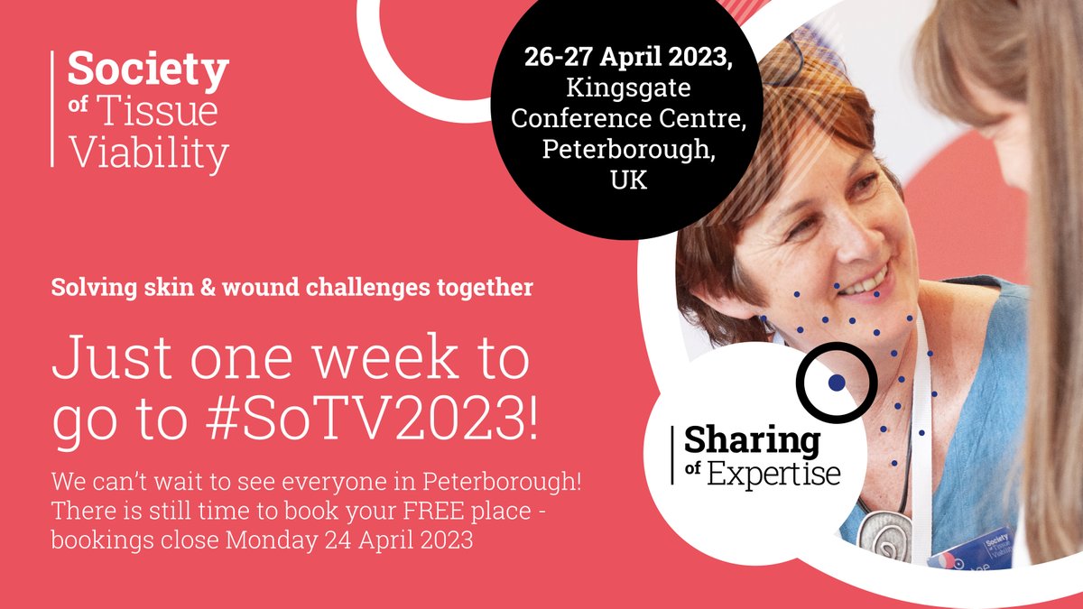 We are sooooo looking forward to seeing everyone in Peterborough for #SoTV2023 - JUST ONE WEEK TO GO 🤩😀🤩 There are a limited number of FREE places left - booking is open until Monday 24 April 2023 - grab your place now! societyoftissueviability.org/whats-on/sotv-…