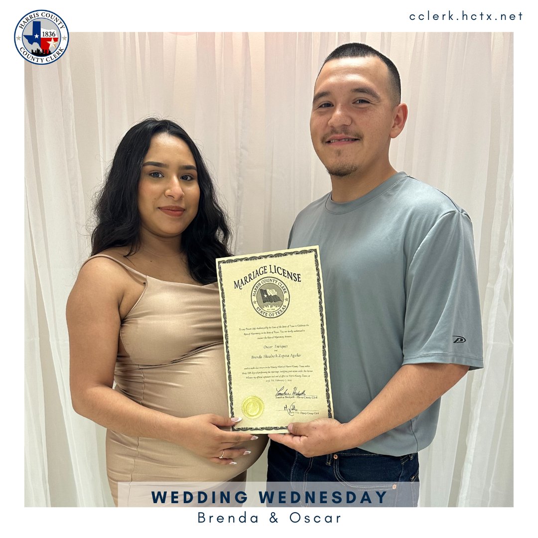 harriscotxclerk's tweet photo. Wishing you both a lifetime of love and happiness! Congratulations on tying the knot, Brenda & Oscar. Cheers to the newlyweds! 🎉 #houstonwedding #marriagelicense #courtwedding #happilyeverafter #weddingbells #couplegoals https://t.co/KlpTUwaUfd
