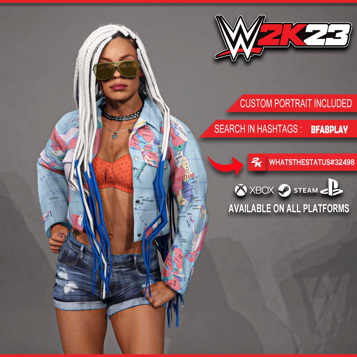 WhatsTheStatus's tweet photo. B-Fab (Playable) (@TheVibeBri) available on #WWE2K23 

Search → BFABPlay  
★ Commentary Included 
★ Entrance &amp; victory Fixed.

Want to win a copy of #WWE2K23? Like &amp; RT this Tweet &amp; Follow

@WhatsTheStatus + @Vjplatinum https://t.co/ImtQREEXqW