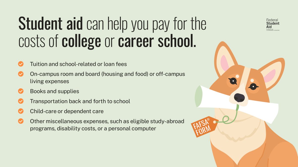 FAFSA's tweet photo. #DYK we provide approximately $112 billion in grant, work-study, and loan funds each year to help students pay for college or career school? It’s paw-sible you may be eligible! Find out by filling out your FAFSA form: https://t.co/wdDmg7cr0I https://t.co/bkpSu4pvyr