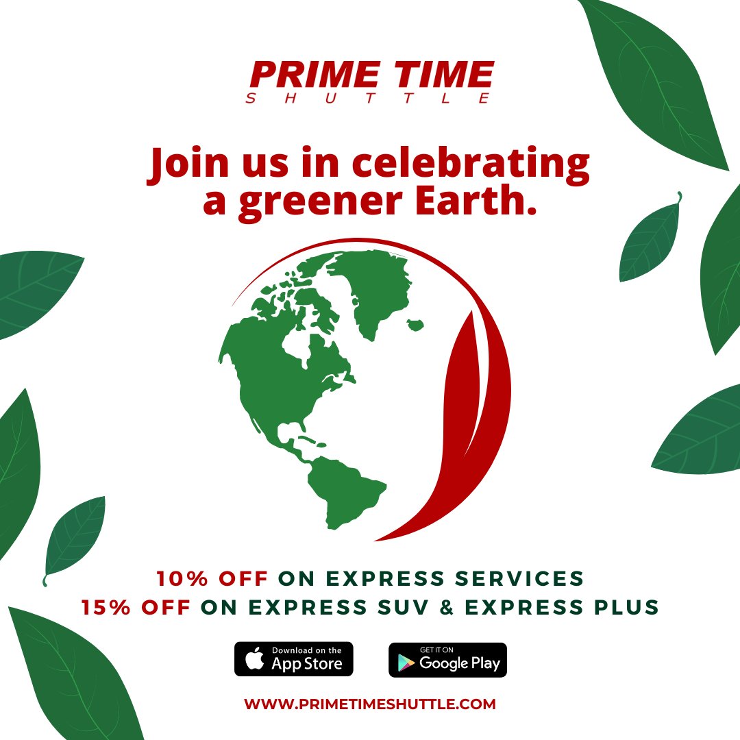 PTShuttle's tweet photo. Let's ride towards a greener future with Primetime Shuttle! 🌿🚐 Enjoy 10% off on Express Services and 15% off on Express SUV and Plus until the end of the month. 🌎 Join us in celebrating Earth Day and our commitment to eco-friendly rides. ♻️ #PrimetimeShuttle https://t.co/ZbsTJ04Ry2