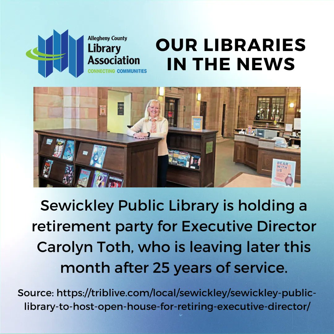 Our libraries in the news: <a href="/sewickleypublib/">Sewickley Public Library</a> is throwing an open house later this month to celebrate the retirement of their Executive Director Carolyn Toth. Congratulations to Carolyn for 25 years of service!

Read more here: buff.ly/408gEzH