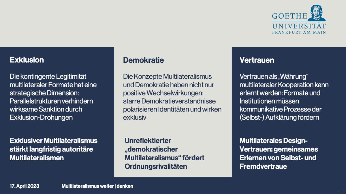 MultilatProject's tweet photo. In Fallstudien zu drei Kernkonzepten des Multilateralismus haben @GuntherHellmann @TheDanJacobi  und @Jens__Bartsch solche Schließungen in Wissenschaft und politischer Praxis rekonstruiert: Exklusion/Inklusion, Demokratie und Vertrauen. https://t.co/FAQht8Jfb0