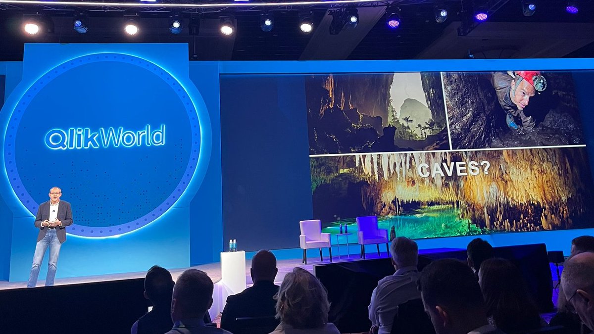 qlik's tweet photo. Record-holding cave diver John Volanthen now takes the #QlikWorld stage to share his experience and how he overcame his most challenging dives. https://t.co/NBmPUvdOpR
