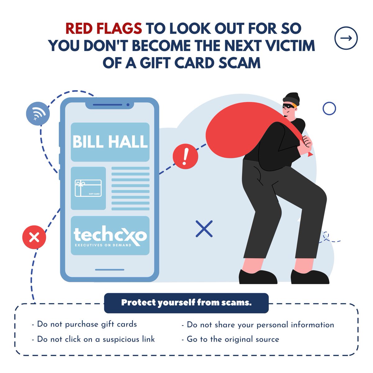 TechCXOBillHall's tweet image. No, your boss isn't texting you to urgently buy a gift card, you won't get the promotion, and you most definitely won't be reimbursed. Don't become the next victim of a gift card scam. #techcxo #productandtechnology