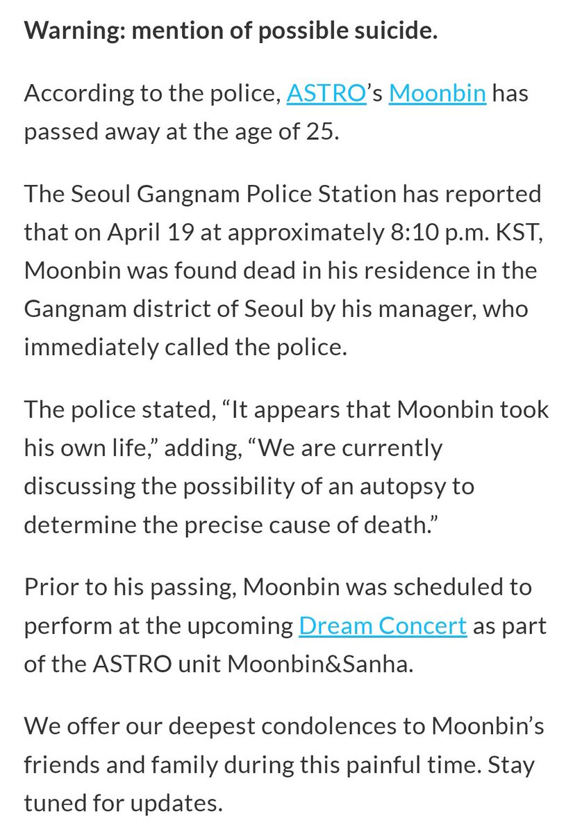 PARK23YANETH's tweet photo. 🕊️ | (Not BTS) K-Media confirma que #Moonbin, de la banda de chicos de K-pop #ASTRO, fue encontrado sin vida  en su apartamento de Seúl por un gerente que informó de inmediato a la policía.  Moonbin falleció a la edad de 25 años. https://t.co/PGaYb8LBkU