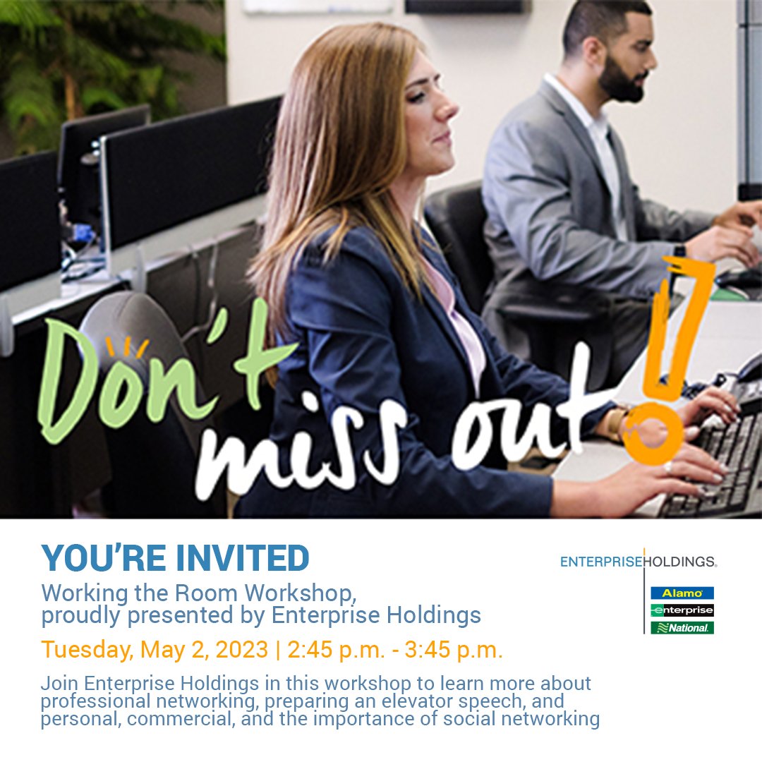 Enactus_Canada's tweet photo. Are you looking to expand your professional network but don't know where to start? At #EnactusNationals, @Enterprise Holdings has you covered with their Working the Room Workshop!

May 2, 2023 | 2:45pm - 3:45pm

Learn more and Register today: https://t.co/DX5JhI7PyD https://t.co/k4UzBeZgo6