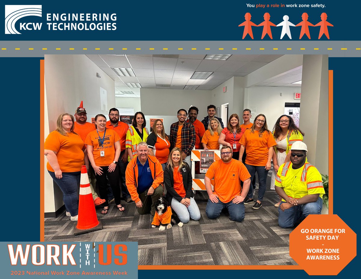 KCWEngineering's tweet photo. As part of National Work Zone Awareness Week, today is Go Orange Day! #TEAMKCW wore orange today to raise awareness of the importance of work zone safety. Work Zones are a sign to s-l-o-w down.
#NWZAW #SafetyFirst #workzonesafety #NWZAW2023 #Orange4Safety #GoOrangeDay https://t.co/8mvSwtEC9V