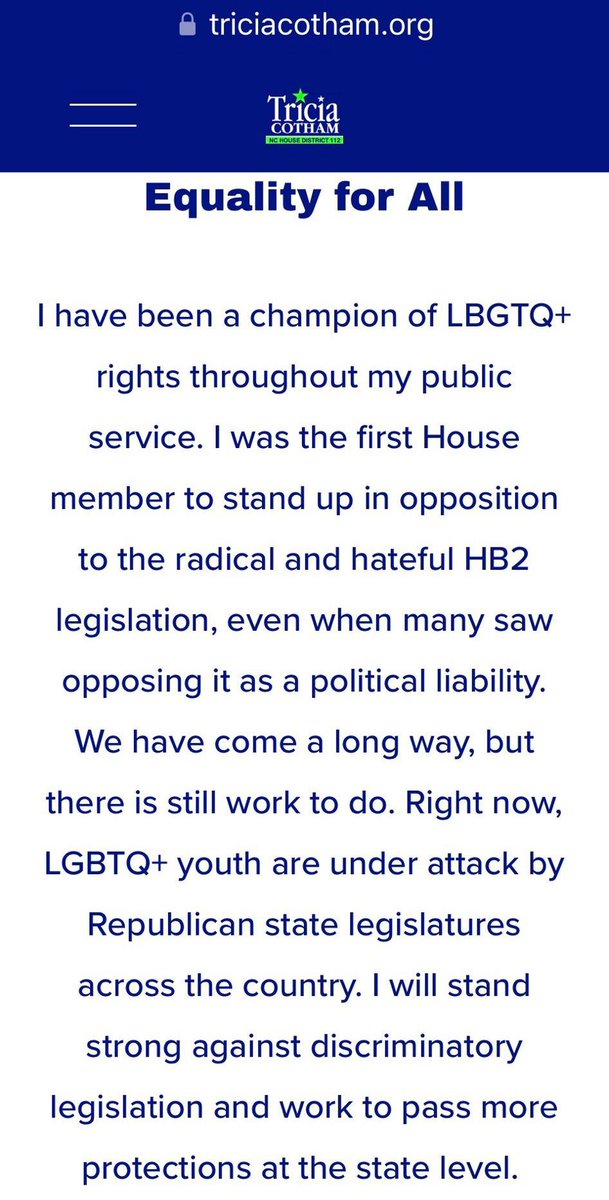 Indivisible9NC's tweet photo. @nckhui @triciacotham claimed to be a “champion of LGBTQ+ rights in November 2022 and then she turns around and joins Republican lawmakers who attack LGBTQ+ youth in April 2023. Hopefully, 🐍 candidates will never again win a Democrat primary in North Carolina. #ResignCotham https://t.co/DyRm2AweLX