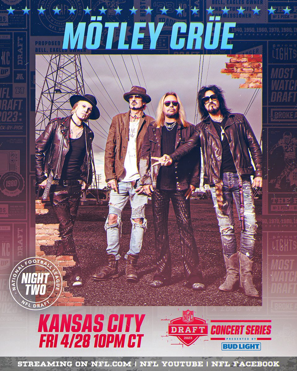 MrTommyLand's tweet photo. MÖTLEY CRÜE TO HEADLINE 2023 NFL CONCERT SERIES
April 28th // Draft Theater Kansas City // 10PM CT
Performance will be streamed in full on https://t.co/AaCE87o1eD and live on NFL Facebook and YouTube Channels. https://t.co/Ho7wqhfZgp