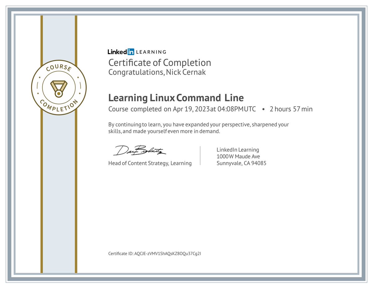 cernak's tweet image. Today I finished the course “Learning Linux Command Line” by Scott Simpson! Check it out: linkedin.com/learning/certi… Awesome course @scotty82, Thank you!! ✌️ #CernakCOC #linuxsystemadministration #cli