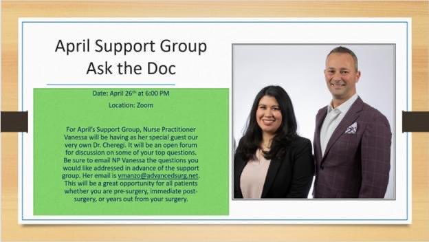 #april #supportgroup is next #wednesday @ 6:00 pm. It will be an #askthedoctor meeting. Be sure to email #nursepractitioner Vanessa your #questions in advance. This is a #lifelongjourney @advbariatrics #lifelonglearning #rny #vsg #teamcheregi #education #weightlosswednesday