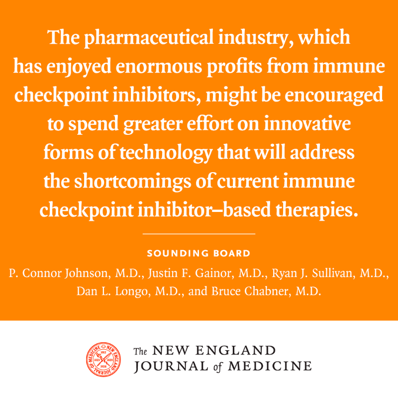 NEJM's tweet photo. Immune checkpoint inhibitors represent a major advance in the treatment of cancer. The authors argue that future efforts should focus less on redundant agents and more on new approaches to immunotherapy. Read more: https://t.co/VFaJZFh7ma