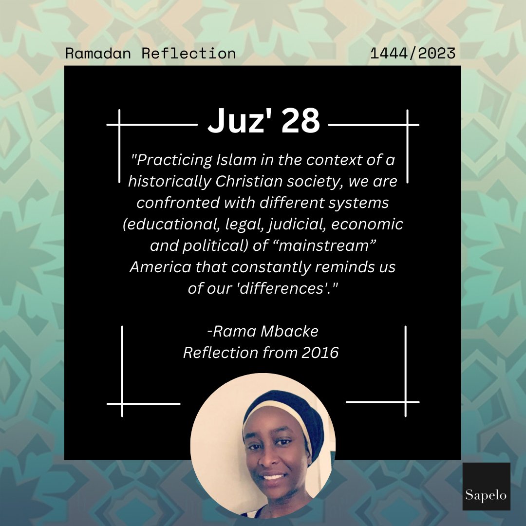 SapeloSquare's tweet photo. Rama Mbacke great-granddaughter of Sheikh Ahmadu Bamba, reflects on the difficulties and beauty of diversity in her 2016 #reflection of Juz' 28.
Visit our website to read in full: https://t.co/cMwn6d3Jfe
#Ramadan2023 #islam #Muslim #Ramadan #sapelosquare https://t.co/3nZiwTQmEn