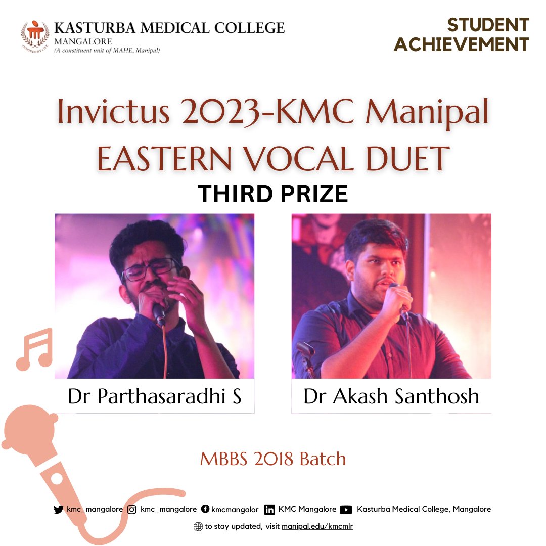 KMC_Mangalore's tweet photo. Congratulations!
@MAHE_Manipal @Akashsanthosh9 @Invictus, KMC, Manipal @kmc_manipal @DrBUnnikrishnan @suresh06121975 @swamitwitanand @BaligaShrikala @GattyNIthin @SarasSreeram
#easternvocal #duetsinging #invictus https://t.co/wYAy7MqzJ8