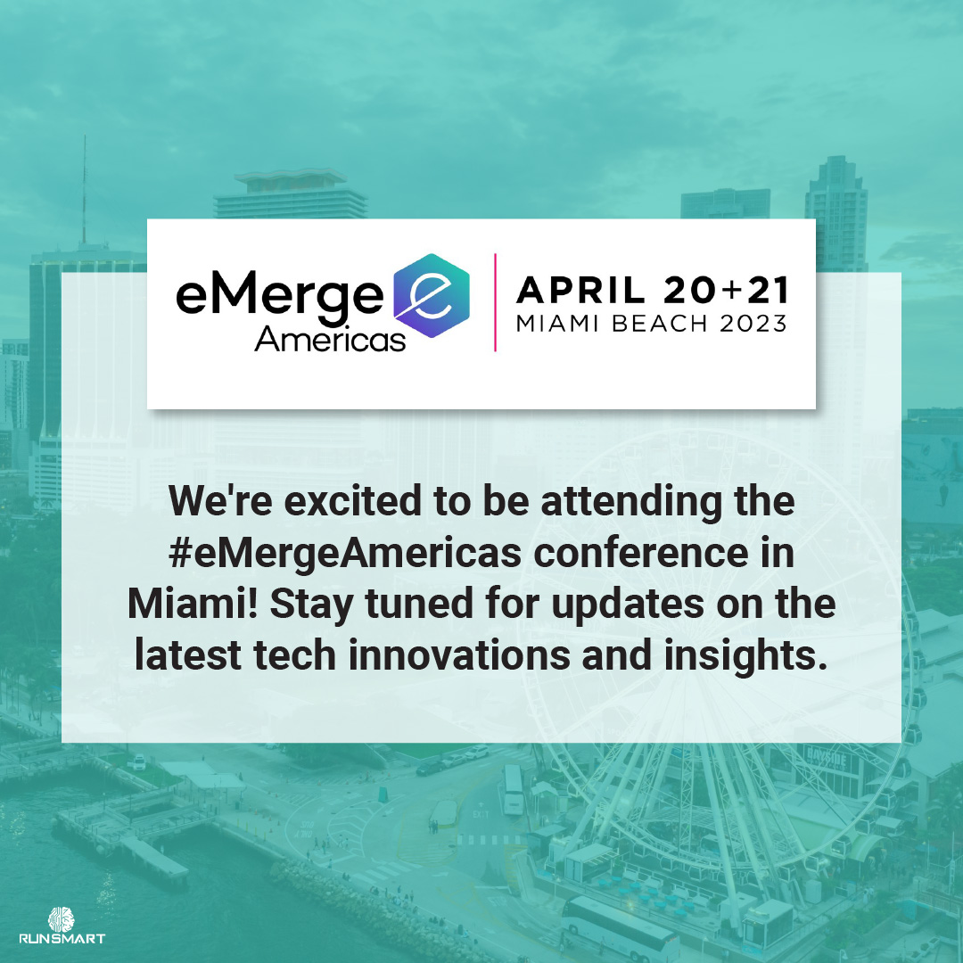 RunSmart_Inc's tweet image. RunSmart is thrilled to announce our attendance at the @eMergeAmericas  #tech conference in #Miami. 

We&apos;re looking forward to hearing from keynote speakers like @TomBrady , attending interactive workshops, and #networking with other attendees.

#emergeamericas  #innovation