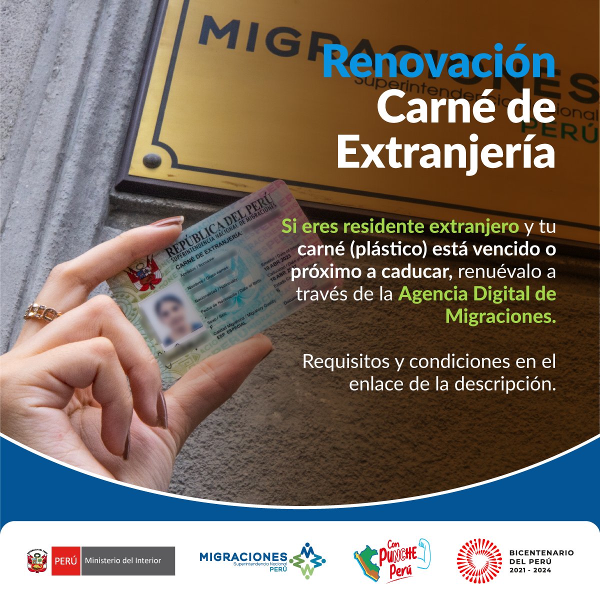 Residente extranjero, si necesitas renovar tu carné de extranjería por caducidad, hazlo a través de la Agencia Digital de #MigracionesPerú.

Requisitos ➡️ bit.ly/renovacionCE