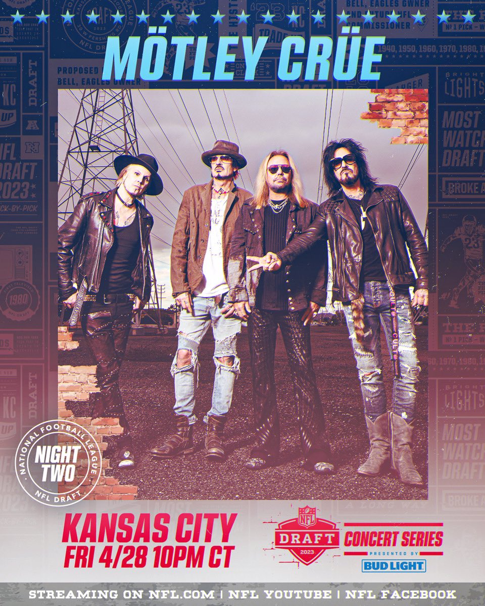 MÖTLEY CRÜE TO HEADLINE 2023 NFL CONCERT SERIES
April 28th // Draft Theater Kansas City // 10PM CT
Performance will be streamed in full on NFL.com/DraftConcertSe… and live on <a href="/NFL/">NFL</a> Facebook and YouTube Channels.