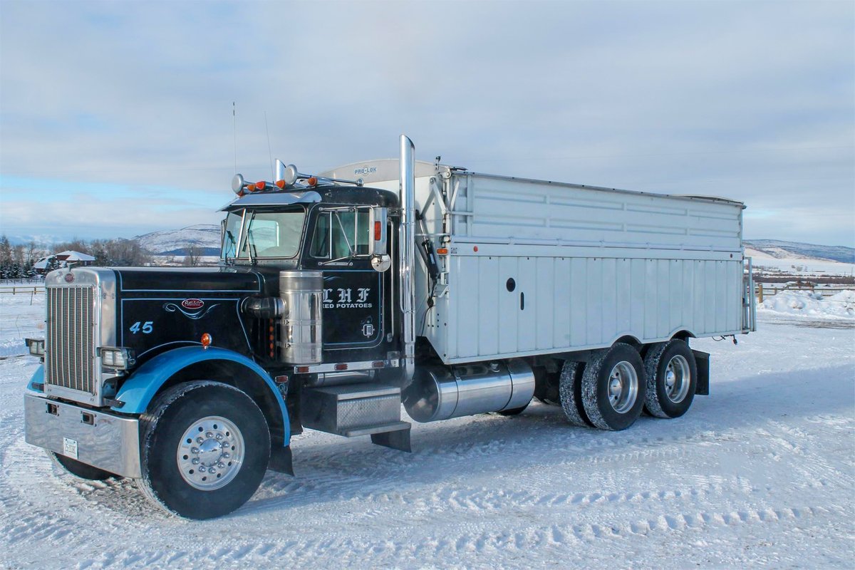 TractorZoom's tweet photo. Get a load of this fleet of old-skool cool spud trucks from Montana! Every one of 'em has a B-Model CAT, twin stacks, a 13/15-speed, and a 20'+ walking floor potato bed! Bet they've got a nice bark to 'em, too! Get a better look here: https://t.co/wEzHlp6Smc
#tenwheelwednesday https://t.co/1f6uvt2hXR