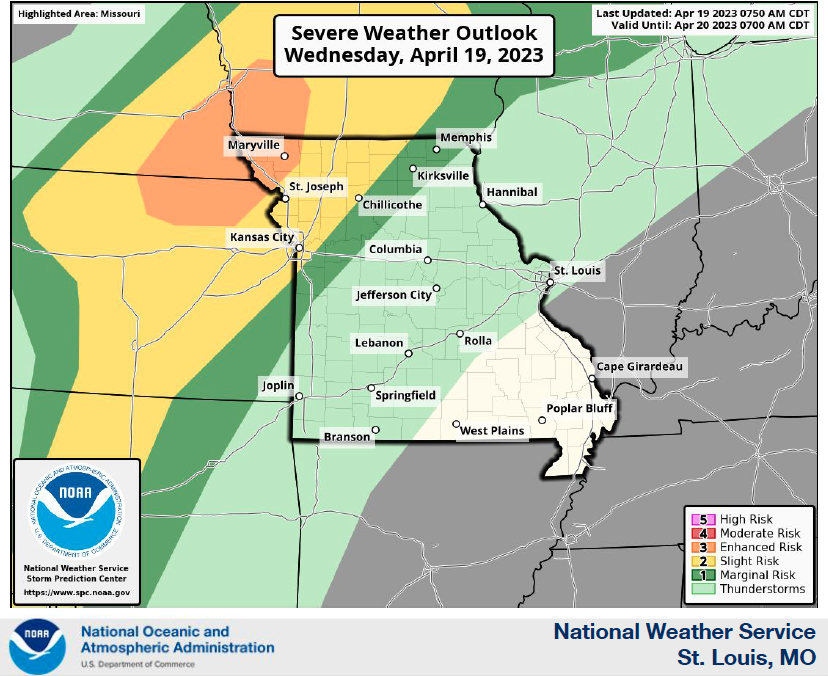 MoSEMA_'s tweet photo. There is an enhanced risk for severe thunderstorms in NW MO from this evening into the overnight hours with large hail &amp; damaging winds being the primary threats. Remember, it's important to have multiple ways to receive alerts, especially overnight! 📢📺📲📻 https://t.co/L1WjnRdqdc