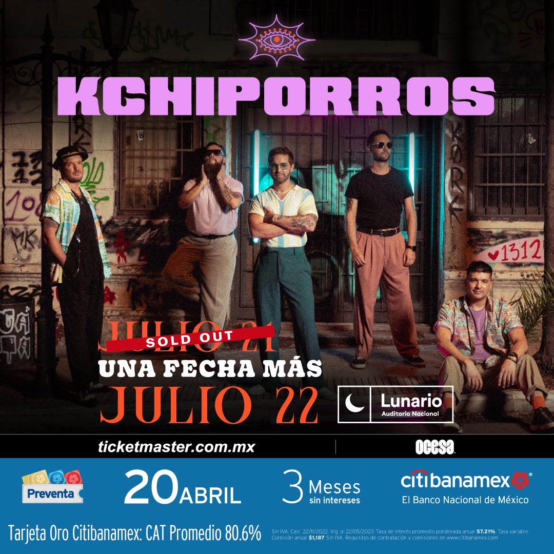 ? on Twitter: "? ANUNCIO OFICIAL ? NUEVA FECHA ? KCHIPORROS ?? 22 de  Julio ?? Lunario del Auditorio Nacional ?? México ?? ? Fechas de  Preventa ? 20/04 Preventa Citibanamex 11:00