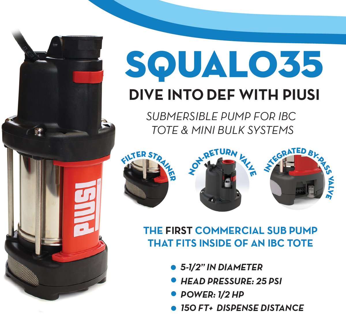 piusiusa's tweet photo. The Squalo is the first-ever DEF submersible pump that fits in an IBC. This pump is compact, but powerful and can be paired with DEF mini bulk tanks and IBC totes of any shape and size.

#squalo #piusiusa #defpump #piusi #defsubmersiblepump https://t.co/UU4lXaIpl0