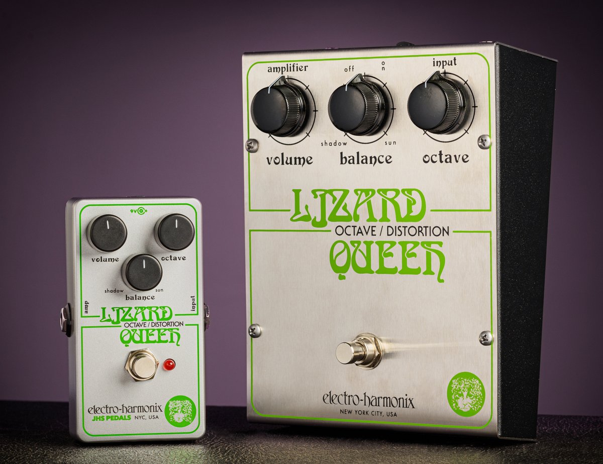 EHX's tweet photo. Go green! The new EHX Lizard Queen is an octave up, fixed gain fuzz / distortion pedal developed in partnership with @JHSPedals and @tinymediaempire. Hear it now » https://t.co/aZUWTm0nd6

#ehx #electroharmonix #jhs #jhspedals #danieldanger #lizardqueen https://t.co/03tJ6avdzz