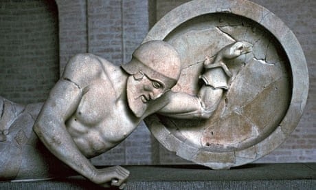 The fallen warrior, a sculpture from the east pediment of the Temple of Aphaia on Aegina. Dated to 480-490 BCE, the life-size sculpture is now in the Glyptothek, Munich. The fallen warrior features on the cover of my edition of Lattimore's Iliad ❤ #ClassicsTwitter