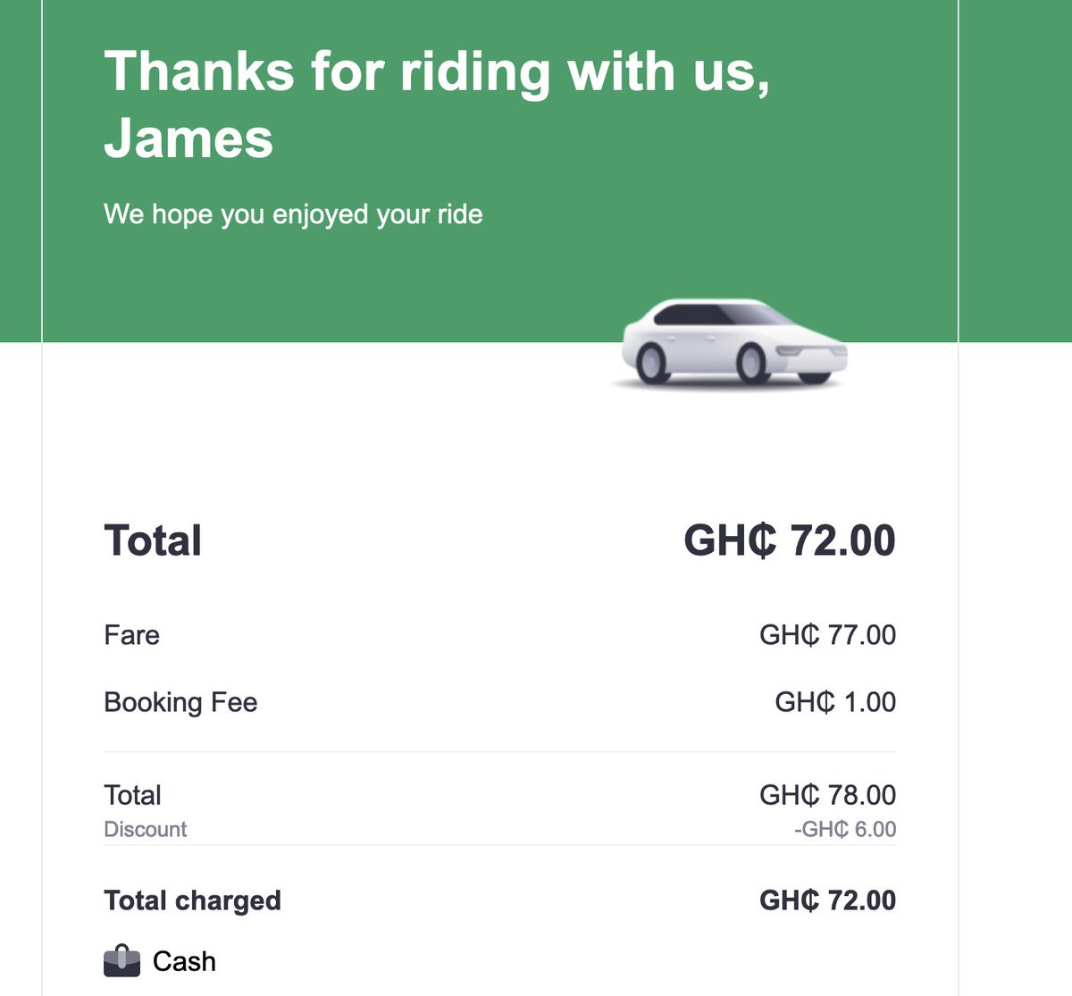 Hey @Boltapp_gh please stop sending me trip receipts for some random customer of yours (I'm guessing he might be called James Annan, but it's not a unique name). I'm sure Ghana is lovely at this time of year but unfortunately I've never been.