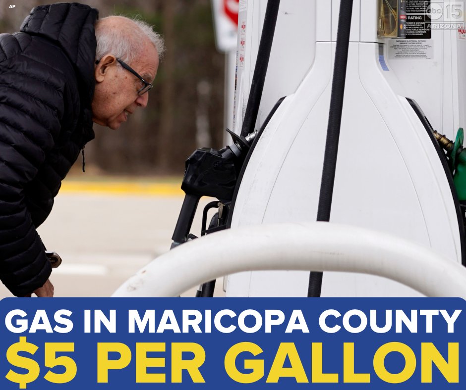 abc15's tweet photo. Yes, you're reading that correctly... 😳 💲 Gas has officially hit an average of $5 per gallon for unleaded in Maricopa County. Find the cheapest gas prices near you: https://t.co/WwTQwbxRu8 https://t.co/INVMNXe2JI