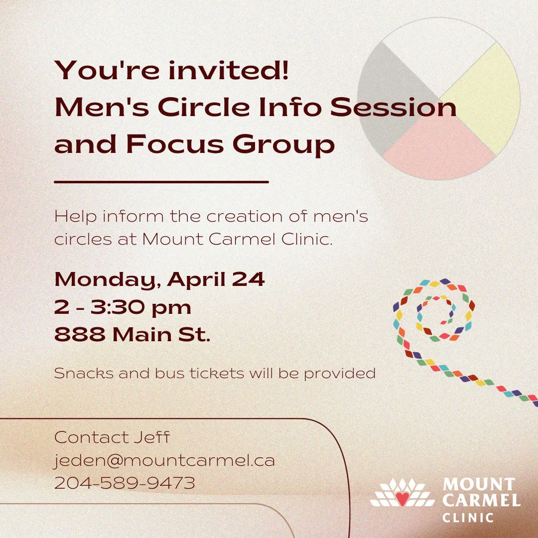 mountcarmelwpg's tweet photo. We invite male identifying community members to join us for a focus group to share what they need from a Men's group circle at MCC. 
Join us on Monday, April 24th from 2-3:30 PM at 888 Main St. to sit in circle together. Snacks and bus tickets will be provided for participants. https://t.co/e9B89LPZ9a
