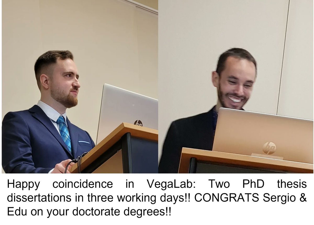 CristinaVegaLab's tweet image. Happy coincidence in @CristinaVegaLab: on April 13th and 17th, Sergio Navas Yuste and Eduardo de la Usada Molinero read their PhD dissertations at the #UCM. Sergio and Eduardo  received Excellent with the cum laude distinction. CONGRATS Sergio &amp;amp; Edu on your doctorate degrees!!