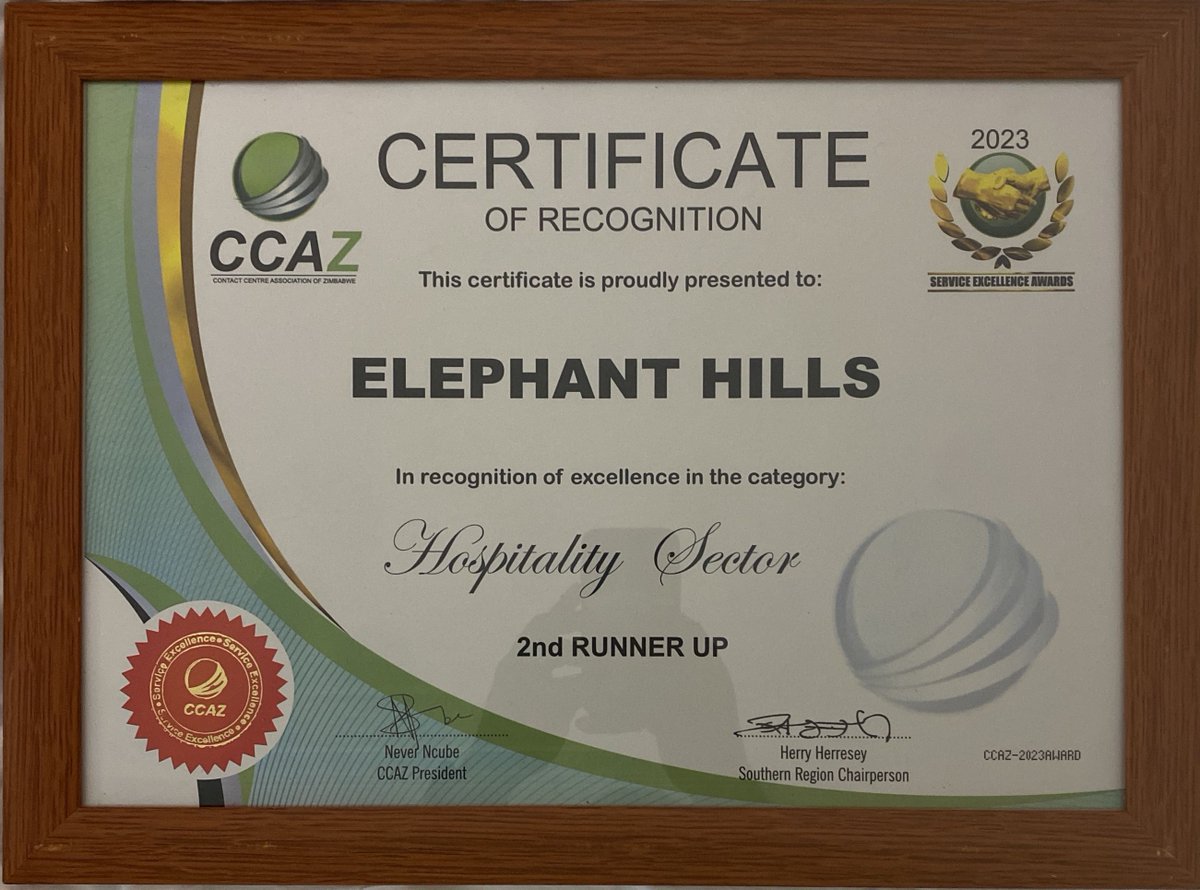 elephanthillszw's tweet photo. Proud of our team for being awarded 2nd runner-up in the Hospitality Sector at the Southern Region Service Awards 2023. Thank you for the excellent service. #Execellence #ElephantHills https://t.co/P5ZWgACQ6M