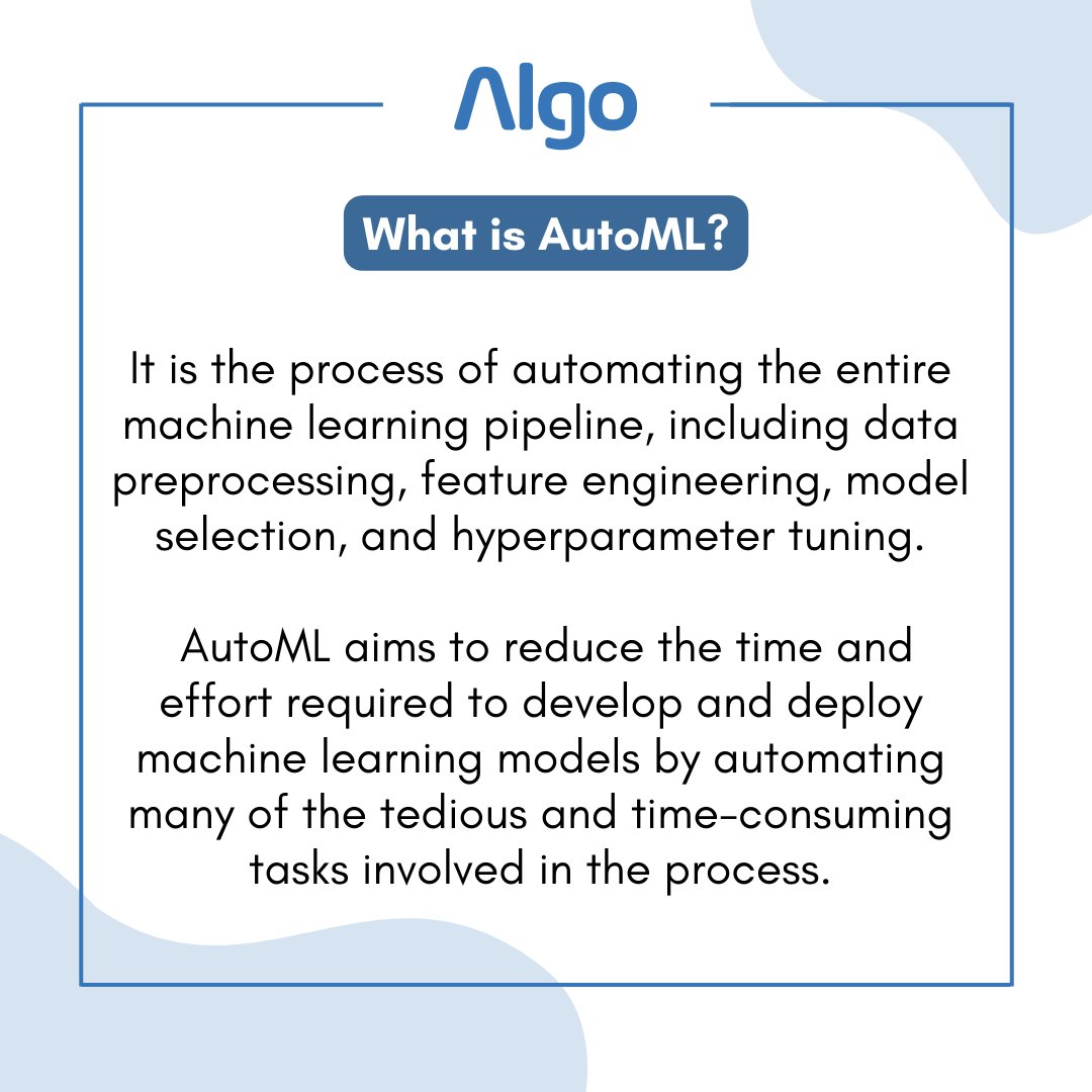 Algo_Experts's tweet image. Simplify your machine learning journey with our AutoML services.
#algocodingexperts #algoexperts #emergingtech #ITsolutions #automl #dataanalytics #datascience #bigdata #datavisualization #artificialintelligence #dataanalysis #ai #ml #deeplearning #DigitalTransformation #spain