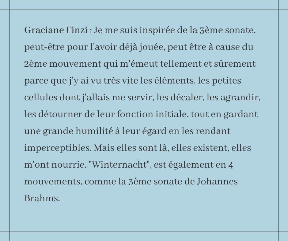DesEquilibres13's tweet photo. 👉 Interview Brahms Aujourd'hui

Pour le concert Brahms Aujourd'hui, les compositeurs Philippe Hersant, Graciane Finzi et Nicolas Bacri ont tous les trois écrit une pièce basée sur une des sonates de Brahms.

Laquelle ont-ils choisi ? 

Aujourd'hui : Graciane Finzi ! https://t.co/UGF93qOH0q